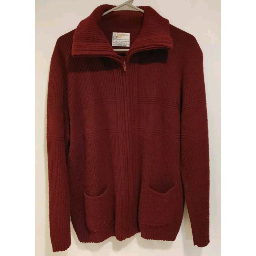 Vtg London Fog Burgandy Cardigan Full Zip Sweater 100% Virgin Acrylic USA Large